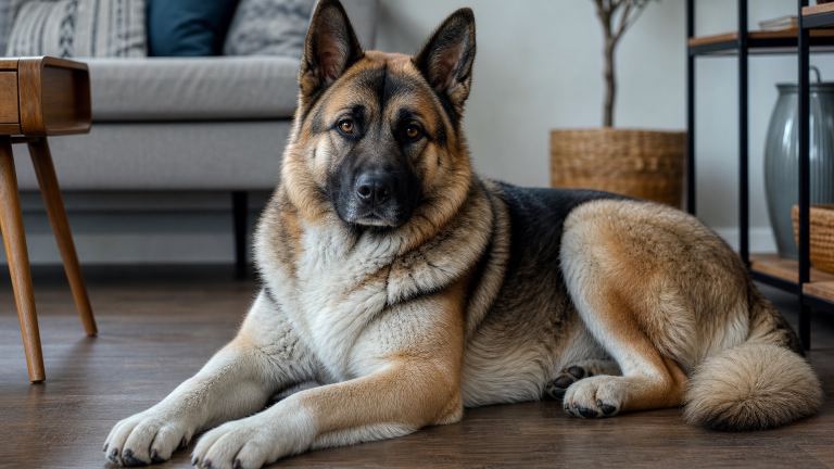 Akita Shepherd lying on a living room floor and looking toward the camera