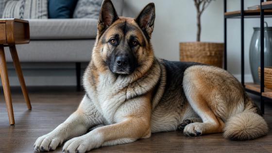 Akita Shepherd lying on a living room floor and looking toward the camera