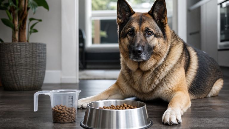 Stainless food bowl with measured kibble beside a measuring cup on a kitchen floor