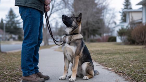 Akita Shepherd puppy sitting on a sidewalk and looking up at its handler