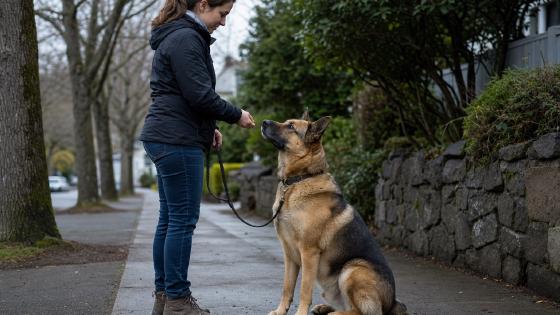 Handler rewarding a leashed Akita Shepherd mix for sitting calmly on a quiet sidewalk