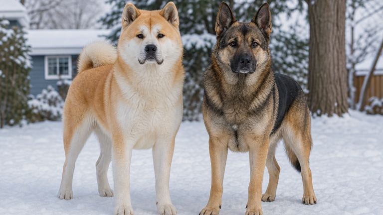 An Akita and a shepherd-type mixed breed dog standing side by side in a snowy yard