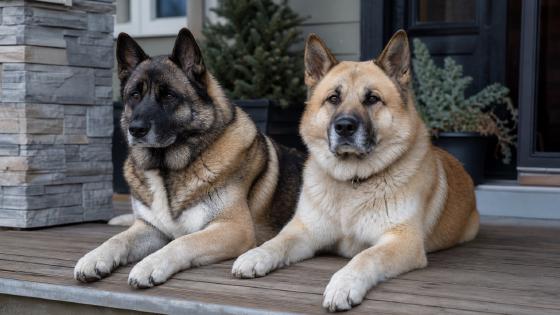 Two large double-coated mixed breed dogs resting on a porch, one dark-masked and one lighter