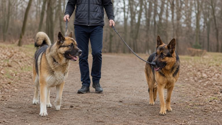 Two large dogs walking on leash at a calm distance from each other in a park