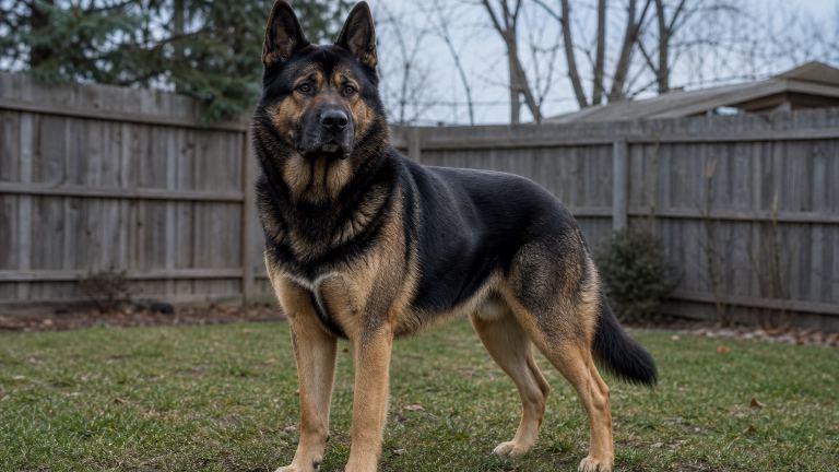 Large black and tan Akita German Shepherd mix standing alert in a fenced backyard