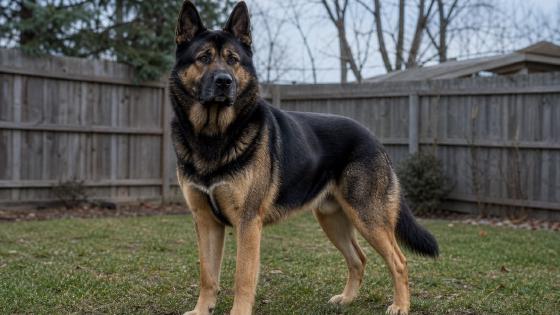 Large black and tan Akita German Shepherd mix standing alert in a fenced backyard