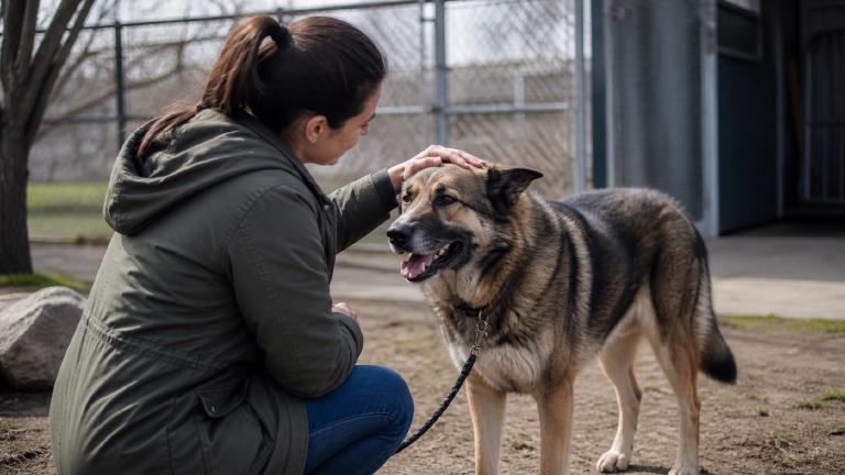 shepherd-type mix meeting a potential adopter in a quiet shelter yard