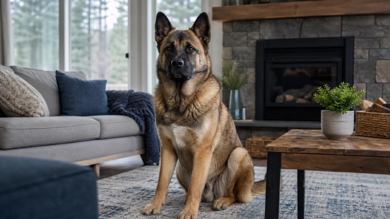 Akita Shepherd sitting in a living room with ears up