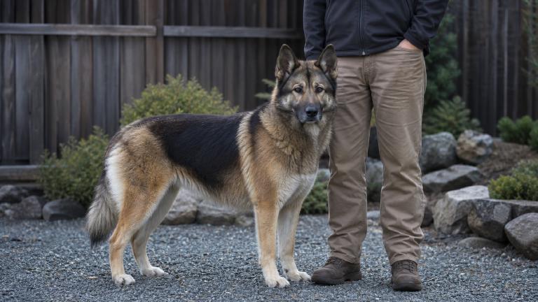 Akita Shepherd standing next to a person for scale, shoulder reaching mid-thigh