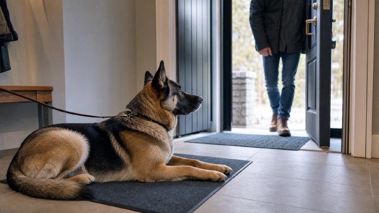 Akita Shepherd settling on a mat near the front door while a visitor comes in