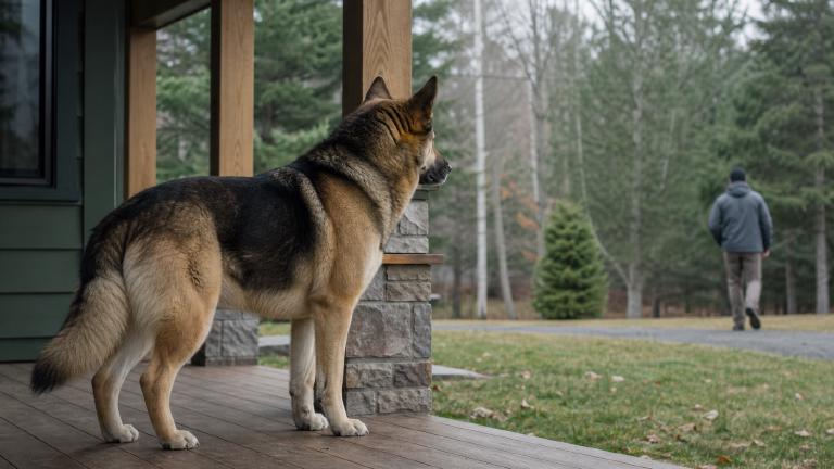 large double-coated dog watching calmly from a porch as a stranger passes the yard