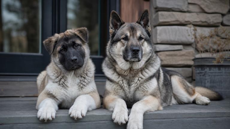 two large double-coated mixed breed dogs side by side showing different builds and masks