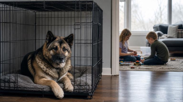 Akita Shepherd resting in an open crate while children play in the next room