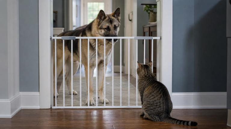 Baby gate separating an Akita Shepherd from a cat in a hallway